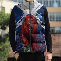 Personalized Scotland Red Lion Soccer Sleeveless Puffer Jacket Scottish Saltire Flag Purple Thistle Cheering Fans