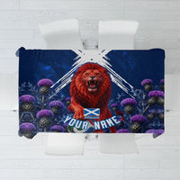 Personalized Scotland Red Lion Soccer Tablecloth Scottish Saltire Flag Purple Thistle Cheering Fans