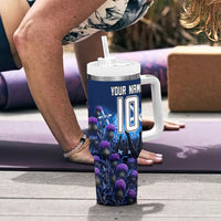 Personalized Scotland Red Lion Soccer Tumbler With Handle Scottish Saltire Flag Purple Thistle Cheering Fans
