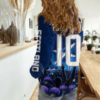 Personalized Scotland Red Lion Soccer Women Casual Shirt Scottish Saltire Flag Purple Thistle Cheering Fans