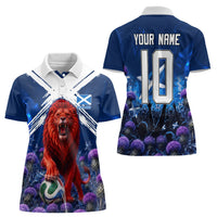 Personalized Scotland Red Lion Soccer Women Polo Shirt Scottish Saltire Flag Purple Thistle Cheering Fans