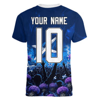 Personalized Scotland Red Lion Soccer Women V-Neck T-Shirt Scottish Saltire Flag Purple Thistle Cheering Fans