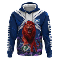 Personalized Scotland Red Lion Soccer Zip Hoodie Scottish Saltire Flag Purple Thistle Cheering Fans