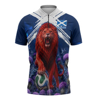 Personalized Scotland Red Lion Soccer Zipper Polo Shirt Scottish Saltire Flag Purple Thistle Cheering Fans