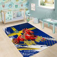 Personalized Sweden Dala Horse Soccer 2026 Area Rug Grunge Swedish Flag Brush Strokes