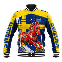 Personalized Sweden Dala Horse Soccer 2026 Baseball Jacket Grunge Swedish Flag Brush Strokes