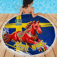 Personalized Sweden Dala Horse Soccer 2026 Beach Blanket Grunge Swedish Flag Brush Strokes