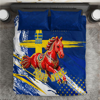 Personalized Sweden Dala Horse Soccer 2026 Bedding Set Grunge Swedish Flag Brush Strokes