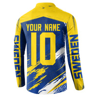 Personalized Sweden Dala Horse Soccer 2026 Button Sweatshirt Grunge Swedish Flag Brush Strokes