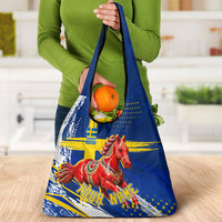 Personalized Sweden Dala Horse Soccer 2026 Grocery Bag Grunge Swedish Flag Brush Strokes