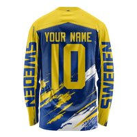 Personalized Sweden Dala Horse Soccer 2026 Long Sleeve Shirt Grunge Swedish Flag Brush Strokes