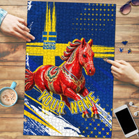 Personalized Sweden Dala Horse Soccer 2026 Puzzle Grunge Swedish Flag Brush Strokes