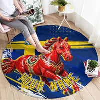 Personalized Sweden Dala Horse Soccer 2026 Round Carpet Grunge Swedish Flag Brush Strokes