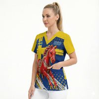 Personalized Sweden Dala Horse Soccer 2026 Scrub Top Grunge Swedish Flag Brush Strokes