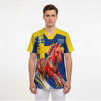 Personalized Sweden Dala Horse Soccer 2026 Scrub Top Grunge Swedish Flag Brush Strokes