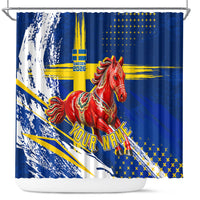 Personalized Sweden Dala Horse Soccer 2026 Shower Curtain Grunge Swedish Flag Brush Strokes