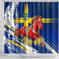 Personalized Sweden Dala Horse Soccer 2026 Shower Curtain Grunge Swedish Flag Brush Strokes
