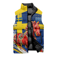 Personalized Sweden Dala Horse Soccer 2026 Sleeveless Puffer Jacket Grunge Swedish Flag Brush Strokes
