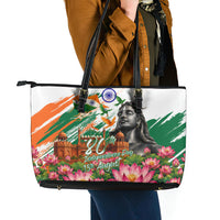 India 80th Independence Day Leather Tote Bag Ashoka Chakra Lotus Landmarks Shiva