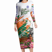 India 80th Independence Day Long Sleeve Bodycon Dress Ashoka Chakra Lotus Landmarks Shiva