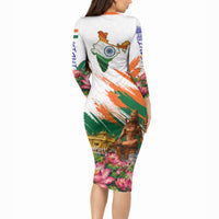 India 80th Independence Day Long Sleeve Bodycon Dress Ashoka Chakra Lotus Landmarks Shiva