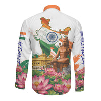 India 80th Independence Day Long Sleeve Button Shirt Ashoka Chakra Lotus Landmarks Shiva