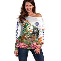 India 80th Independence Day Off Shoulder Sweater Ashoka Chakra Lotus Landmarks Shiva