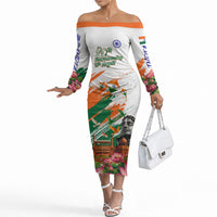 India 80th Independence Day Off The Shoulder Long Sleeve Dress Ashoka Chakra Lotus Landmarks Shiva