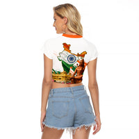 India 80th Independence Day Raglan Cropped T Shirt Ashoka Chakra Lotus Landmarks Shiva