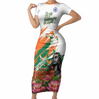 India 80th Independence Day Short Sleeve Bodycon Dress Ashoka Chakra Lotus Landmarks Shiva