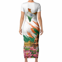 India 80th Independence Day Short Sleeve Bodycon Dress Ashoka Chakra Lotus Landmarks Shiva