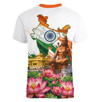 India 80th Independence Day Women V-Neck T-Shirt Ashoka Chakra Lotus Landmarks Shiva
