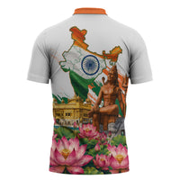 India 80th Independence Day Zipper Polo Shirt Ashoka Chakra Lotus Landmarks Shiva