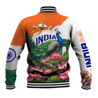 India 80th Independence Day Baseball Jacket India Gate Peacock Lotus Heritage Landmarks