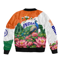 India 80th Independence Day Bomber Jacket India Gate Peacock Lotus Heritage Landmarks