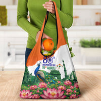 India 80th Independence Day Grocery Bag India Gate Peacock Lotus Heritage Landmarks
