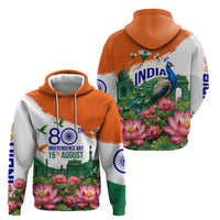India 80th Independence Day Hoodie India Gate Peacock Lotus Heritage Landmarks