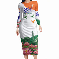 India 80th Independence Day Long Sleeve Bodycon Dress India Gate Peacock Lotus Heritage Landmarks