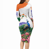 India 80th Independence Day Long Sleeve Bodycon Dress India Gate Peacock Lotus Heritage Landmarks