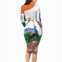India 80th Independence Day Long Sleeve Bodycon Dress India Gate Peacock Lotus Heritage Landmarks