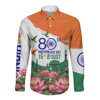 India 80th Independence Day Long Sleeve Button Shirt India Gate Peacock Lotus Heritage Landmarks