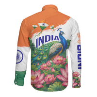 India 80th Independence Day Long Sleeve Button Shirt India Gate Peacock Lotus Heritage Landmarks