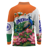 India 80th Independence Day Long Sleeve Polo Shirt India Gate Peacock Lotus Heritage Landmarks