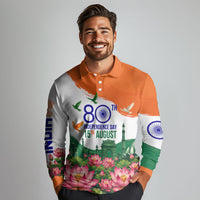 India 80th Independence Day Long Sleeve Polo Shirt India Gate Peacock Lotus Heritage Landmarks