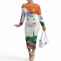 India 80th Independence Day Off The Shoulder Long Sleeve Dress India Gate Peacock Lotus Heritage Landmarks