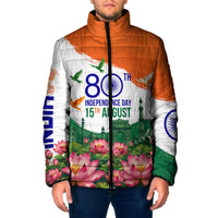 India 80th Independence Day Padded Jacket India Gate Peacock Lotus Heritage Landmarks