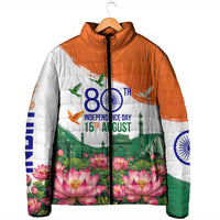 India 80th Independence Day Padded Jacket India Gate Peacock Lotus Heritage Landmarks