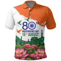 India 80th Independence Day Polo Shirt India Gate Peacock Lotus Heritage Landmarks