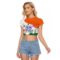 India 80th Independence Day Raglan Cropped T Shirt India Gate Peacock Lotus Heritage Landmarks