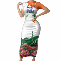 India 80th Independence Day Short Sleeve Bodycon Dress India Gate Peacock Lotus Heritage Landmarks